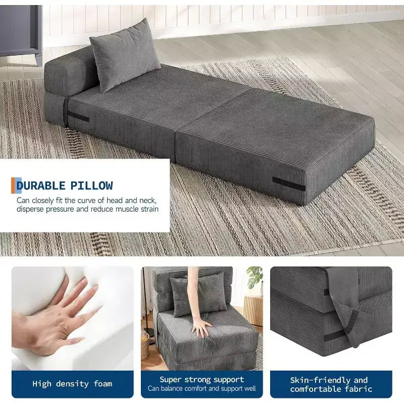 Fauteuil convertible en canapé-lit pliant, futon avec oreiller, matelas pliable une place pour salon, dortoir, appartement et bureau à domicile