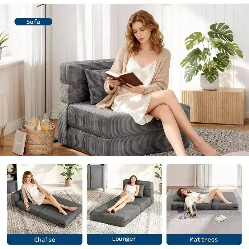 Fauteuil convertible en canapé-lit pliant, futon avec oreiller, matelas pliable une place pour salon, dortoir, appartement et bureau à domicile