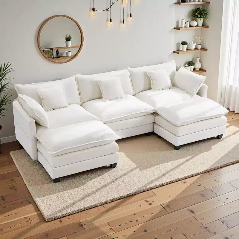 EHMKNP 3-Seat U-Shaped Modern Cloud Couch - Chenille Modular Sectional with Deep Seat, 2 Ottoman & 4 Pillows for Home/Apartment Spaces