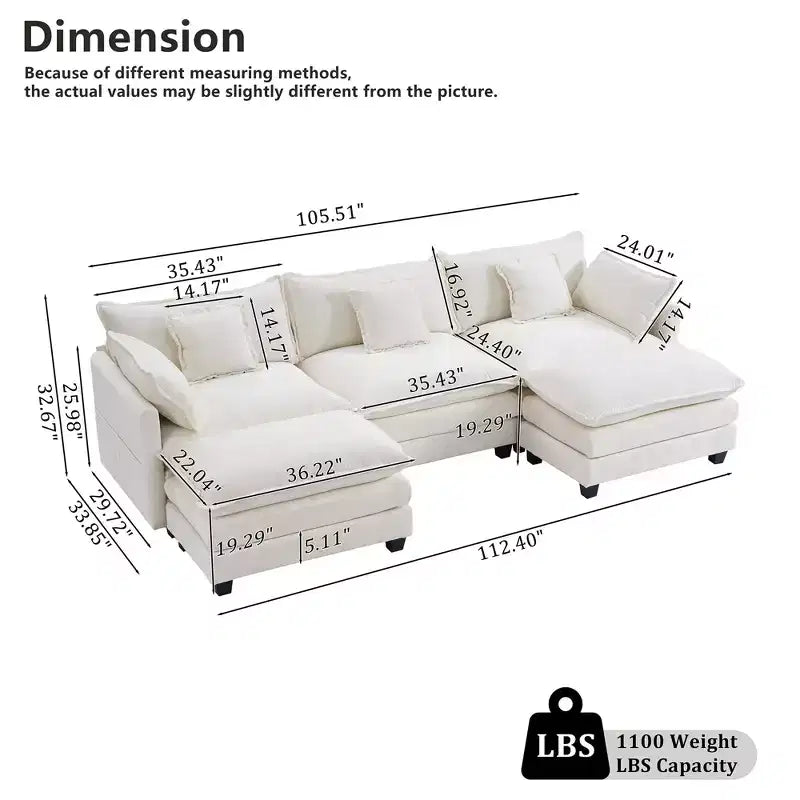Canapé modulaire moderne en forme de U à 3 places EHMKNP - En chenille avec assise profonde, 2 poufs et 4 oreillers pour la maison/les appartements