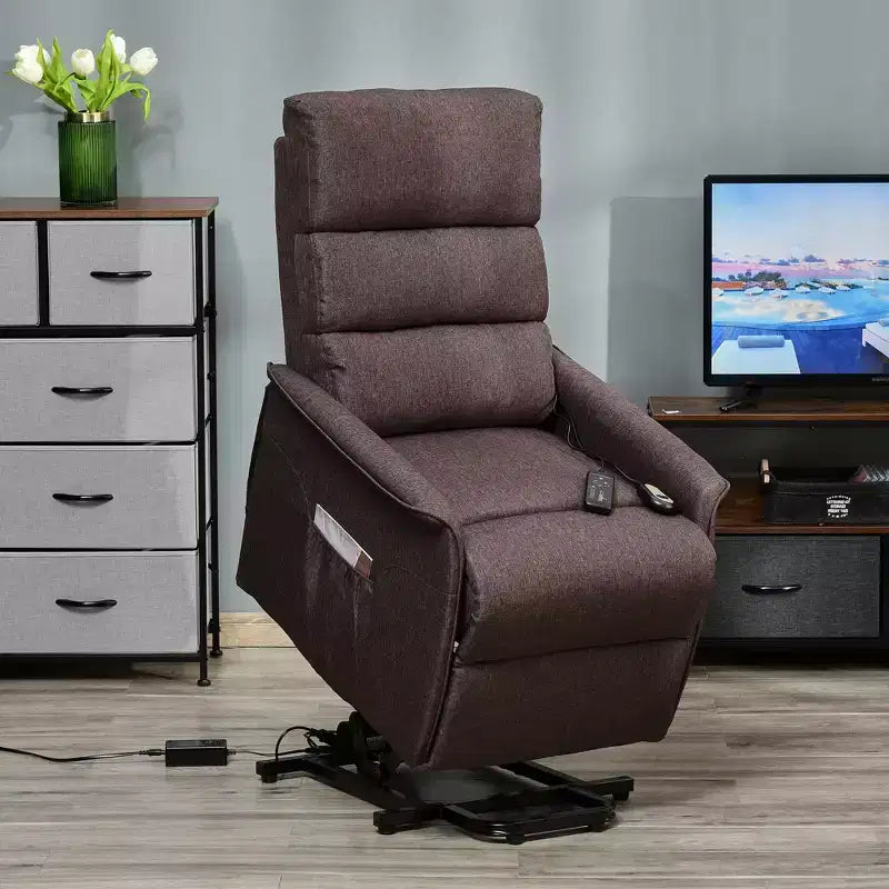 Fauteuil élévateur électrique avec massage vibrant, fauteuil inclinable rembourré en tissu pour personnes âgées avec télécommande et poches latérales, marron