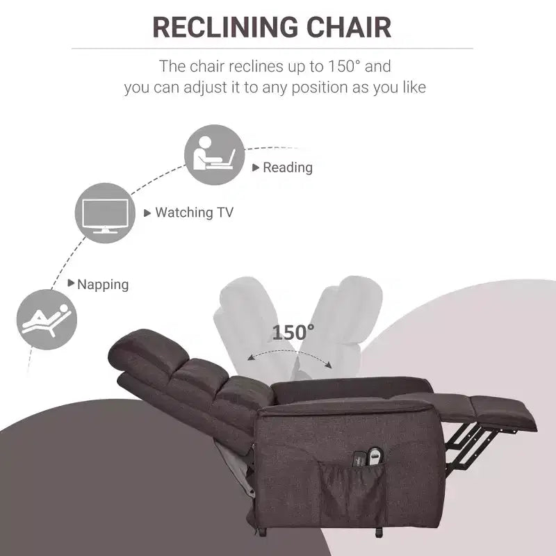 Fauteuil élévateur électrique avec massage vibrant, fauteuil inclinable rembourré en tissu pour personnes âgées avec télécommande et poches latérales, marron