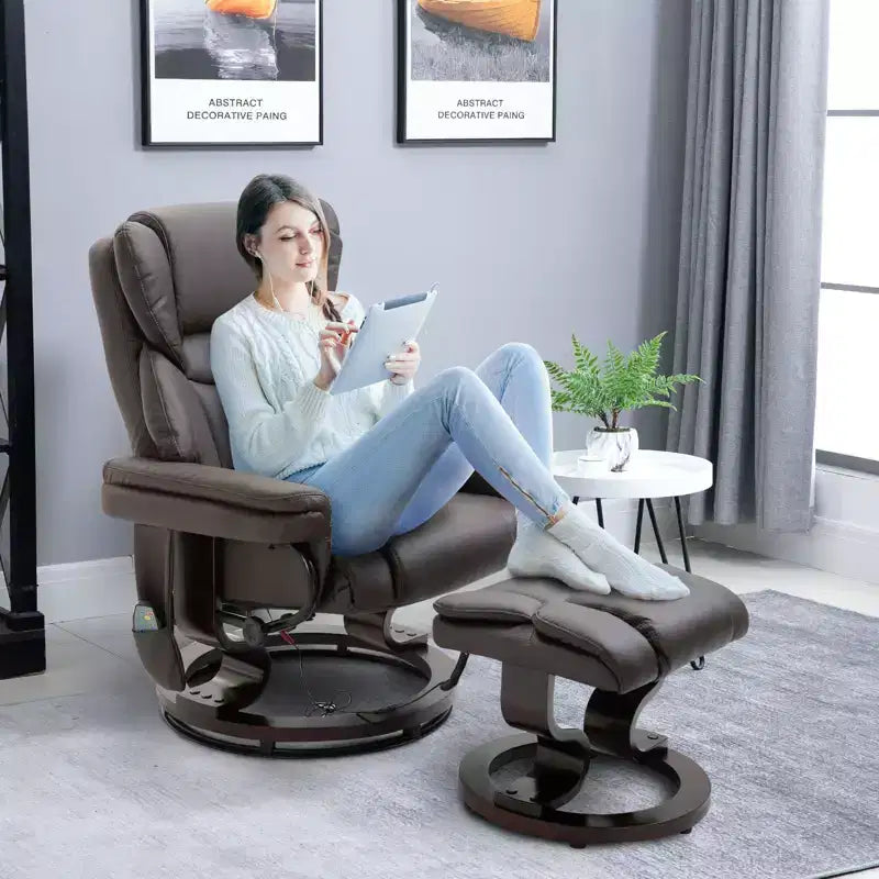 Fauteuil inclinable de massage avec repose-pieds ottoman, vibration 10 points et pivotement à 360°, fauteuil inclinable en similicuir pour salon avec télécommande