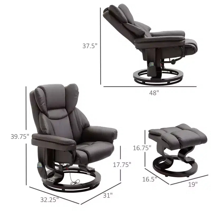 Fauteuil inclinable de massage avec repose-pieds ottoman, vibration 10 points et pivotement à 360°, fauteuil inclinable en similicuir pour salon avec télécommande