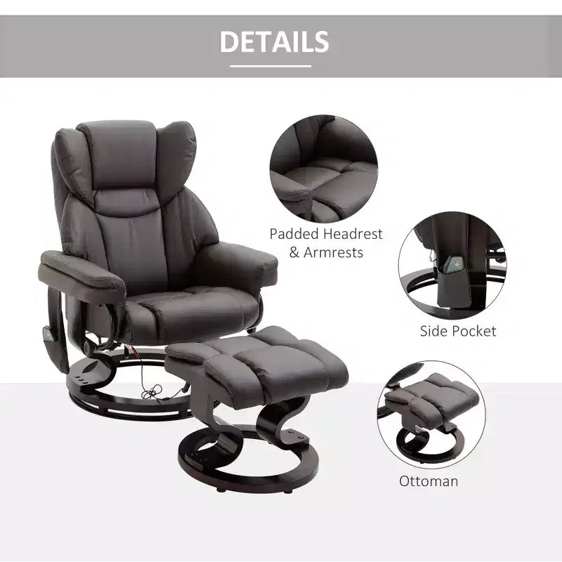 Fauteuil inclinable de massage avec repose-pieds ottoman, vibration 10 points et pivotement à 360°, fauteuil inclinable en similicuir pour salon avec télécommande