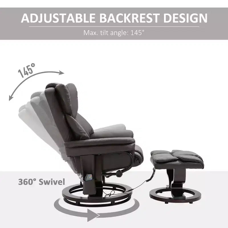 Fauteuil inclinable de massage avec repose-pieds ottoman, vibration 10 points et pivotement à 360°, fauteuil inclinable en similicuir pour salon avec télécommande
