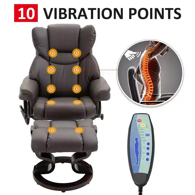 Fauteuil inclinable de massage avec repose-pieds ottoman, vibration 10 points et pivotement à 360°, fauteuil inclinable en similicuir pour salon avec télécommande