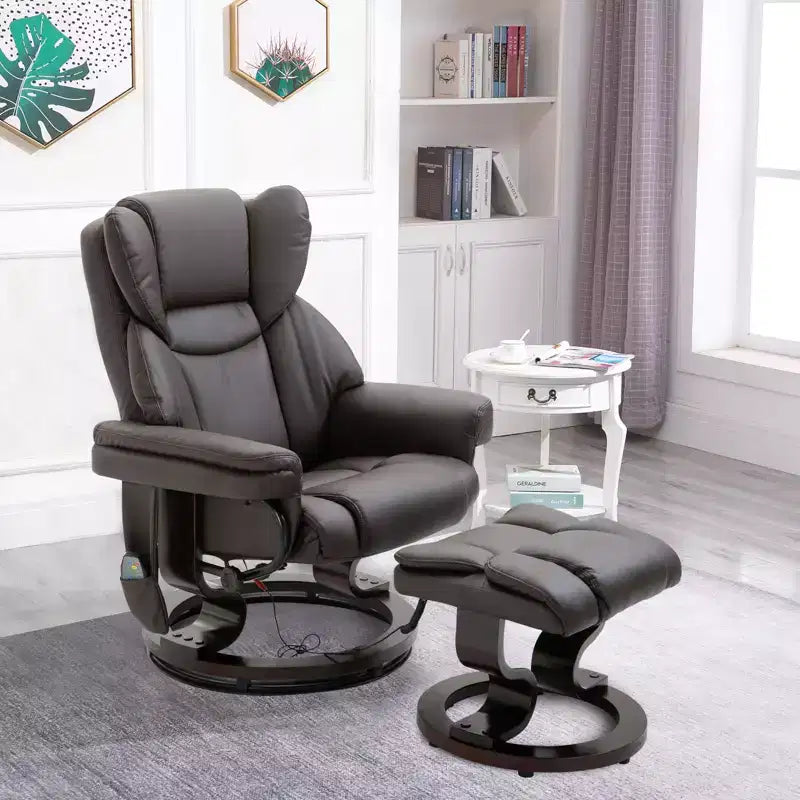Fauteuil inclinable de massage avec repose-pieds ottoman, vibration 10 points et pivotement à 360°, fauteuil inclinable en similicuir pour salon avec télécommande