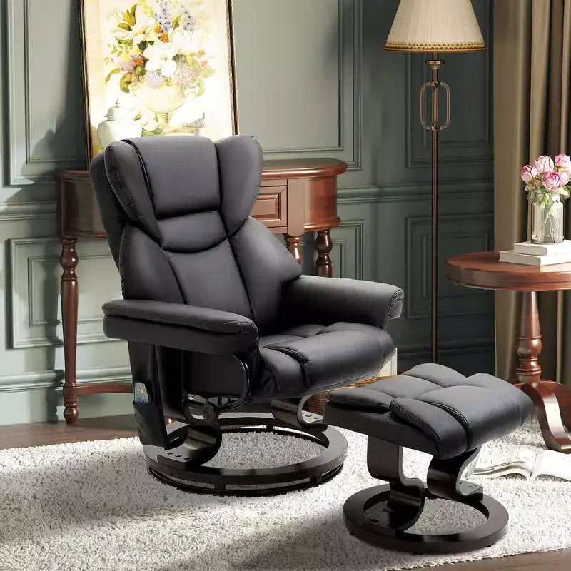 Fauteuil inclinable de massage avec repose-pieds ottoman, vibration 10 points et pivotement à 360°, fauteuil inclinable en similicuir pour salon avec télécommande