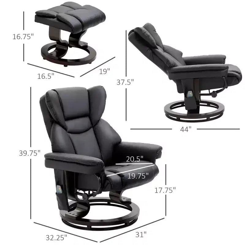 Fauteuil inclinable de massage avec repose-pieds ottoman, vibration 10 points et pivotement à 360°, fauteuil inclinable en similicuir pour salon avec télécommande