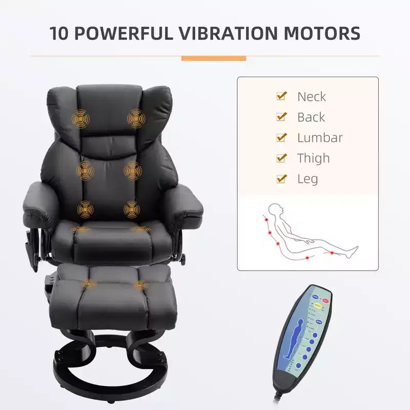 Fauteuil inclinable de massage avec repose-pieds ottoman, vibration 10 points et pivotement à 360°, fauteuil inclinable en similicuir pour salon avec télécommande