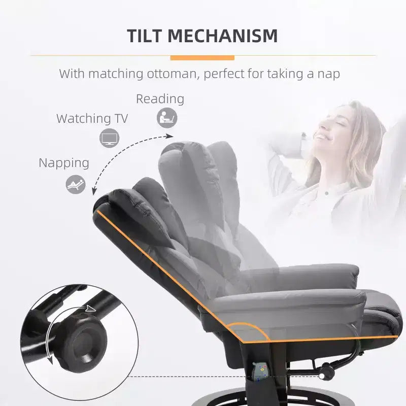 Fauteuil inclinable de massage avec repose-pieds ottoman, vibration 10 points et pivotement à 360°, fauteuil inclinable en similicuir pour salon avec télécommande