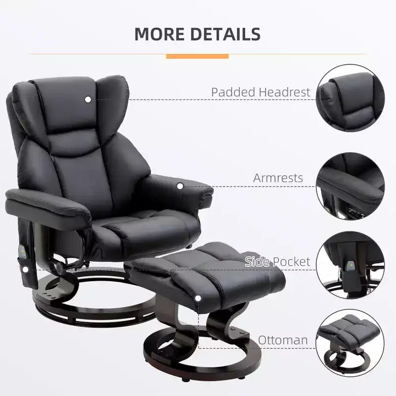 Fauteuil inclinable de massage avec repose-pieds ottoman, vibration 10 points et pivotement à 360°, fauteuil inclinable en similicuir pour salon avec télécommande