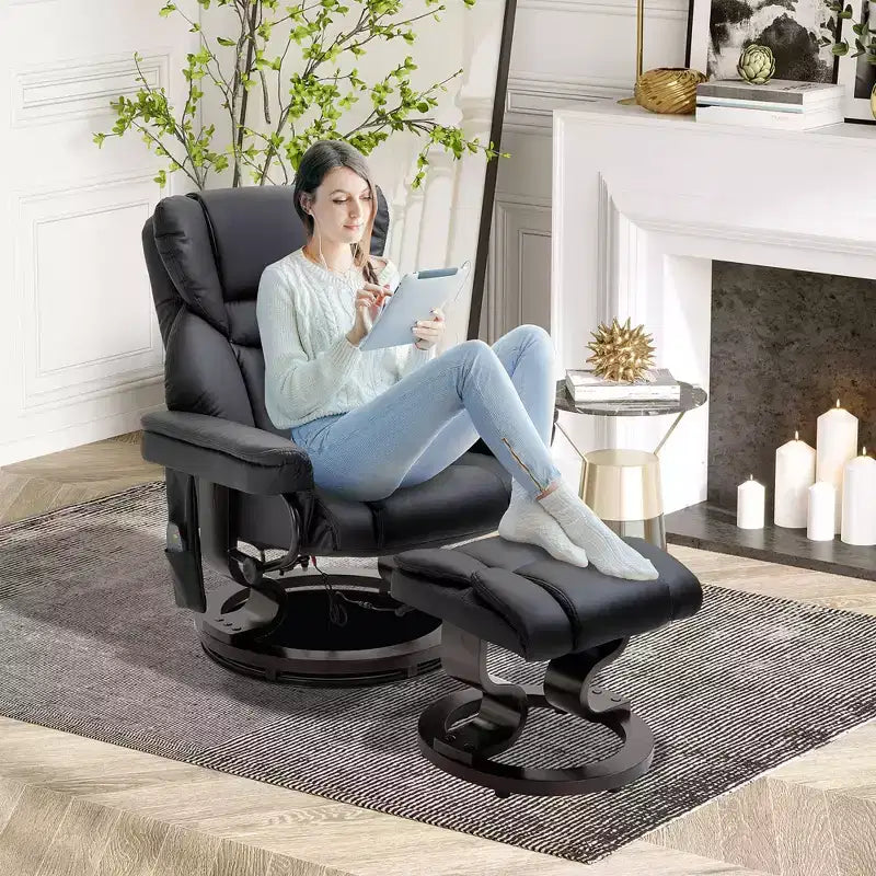 Fauteuil inclinable de massage avec repose-pieds ottoman, vibration 10 points et pivotement à 360°, fauteuil inclinable en similicuir pour salon avec télécommande