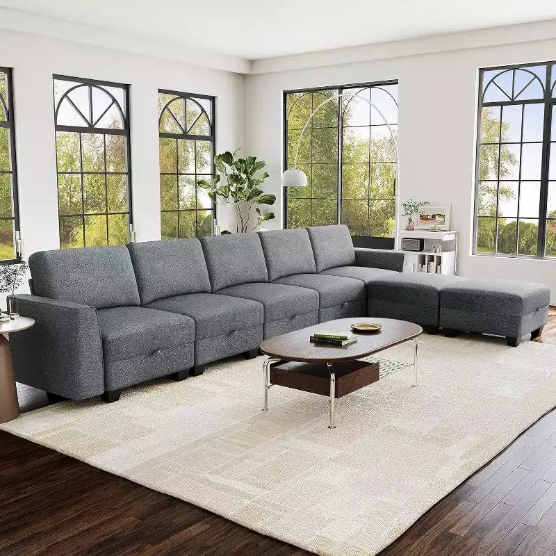 140 Large U Shaped Sectional Couch with Ottoman Chaise, Convertible Modular Sectional Sofa with Ottomans with 7 Seat for Living Room, Office - Gray