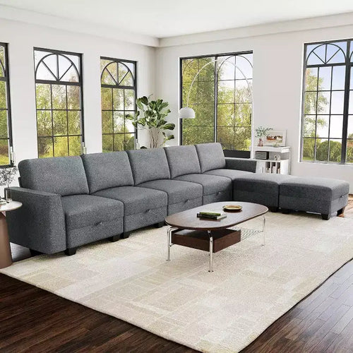 140 Large U Shaped Sectional Couch with Ottoman Chaise, Convertible Modular Sectional Sofa with Ottomans with 7 Seat for Living Room, Office - Gray