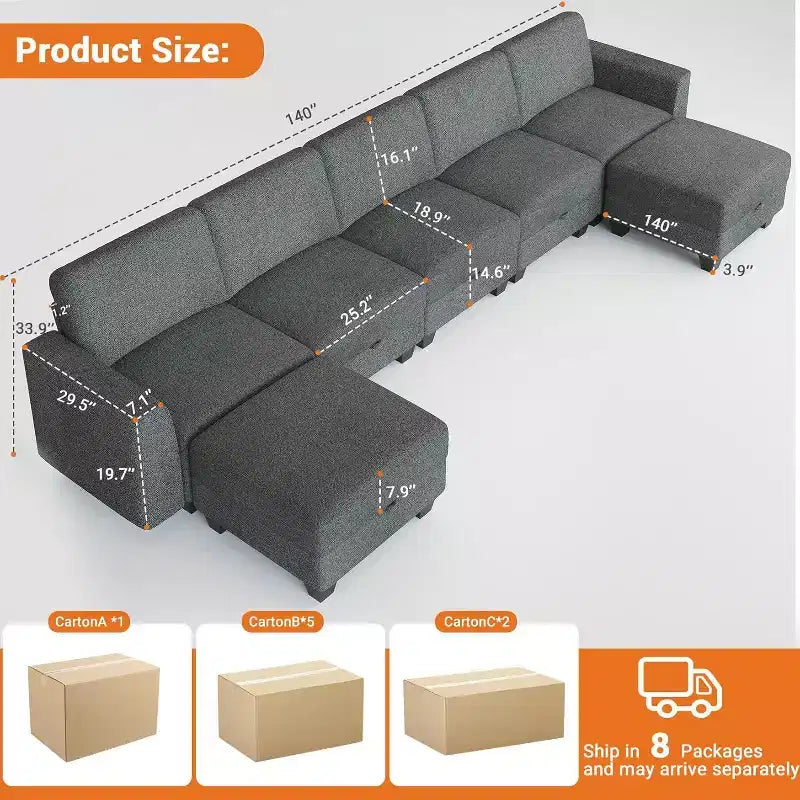 Grand canapé sectionnel en U avec ottomane, canapé modulable convertible avec repose-pieds et 7 places pour salon, bureau - Gris
