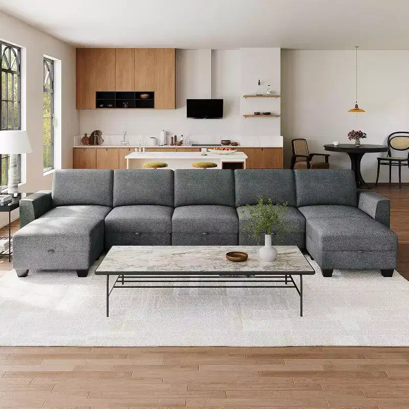 Grand canapé sectionnel en U avec ottomane, canapé modulable convertible avec repose-pieds et 7 places pour salon, bureau - Gris