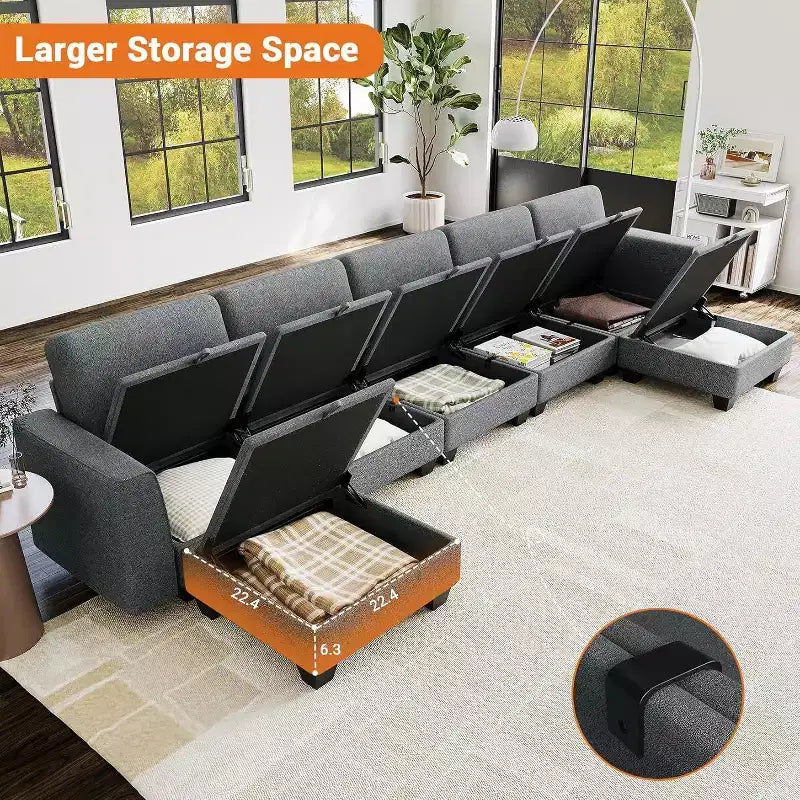 Grand canapé sectionnel en U avec ottomane, canapé modulable convertible avec repose-pieds et 7 places pour salon, bureau - Gris