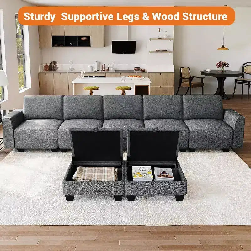 Grand canapé sectionnel en U avec ottomane, canapé modulable convertible avec repose-pieds et 7 places pour salon, bureau - Gris