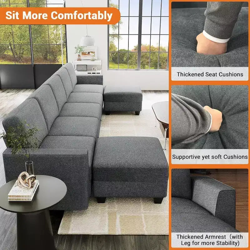 Grand canapé sectionnel en U avec ottomane, canapé modulable convertible avec repose-pieds et 7 places pour salon, bureau - Gris
