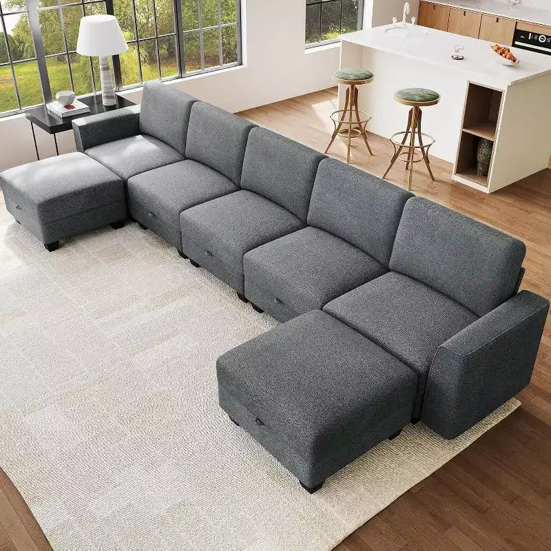 Grand canapé sectionnel en U avec ottomane, canapé modulable convertible avec repose-pieds et 7 places pour salon, bureau - Gris