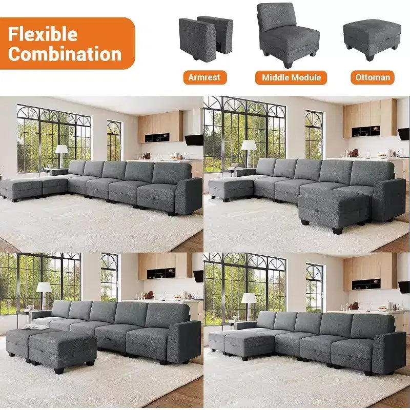 Grand canapé sectionnel en U avec ottomane, canapé modulable convertible avec repose-pieds et 7 places pour salon, bureau - Gris