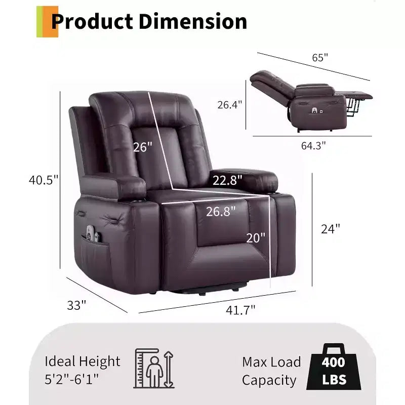 Fauteuil inclinable électrique surdimensionné avec fonction de levage - Chauffant et massant, en cuir PU, pour personnes âgées et à mobilité réduite