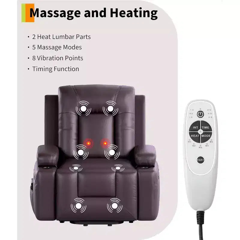 Fauteuil inclinable électrique surdimensionné avec fonction de levage - Chauffant et massant, en cuir PU, pour personnes âgées et à mobilité réduite