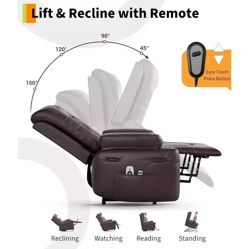Fauteuil inclinable électrique surdimensionné avec fonction de levage - Chauffant et massant, en cuir PU, pour personnes âgées et à mobilité réduite