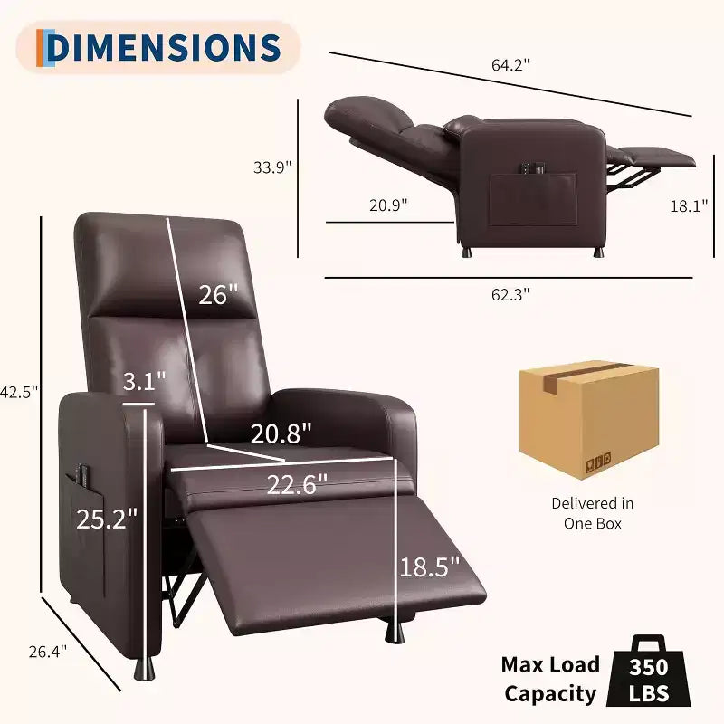 Fauteuil inclinable électrique ergonomique - Fonctions massage et chauffage, inclinable électrique réglable, canapé simple en cuir PU rembourré (Utilisation en salon)
