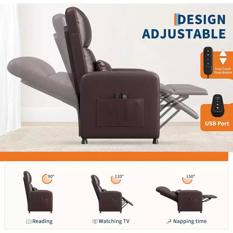 Fauteuil inclinable électrique ergonomique - Fonctions massage et chauffage, inclinable électrique réglable, canapé simple en cuir PU rembourré (Utilisation en salon)