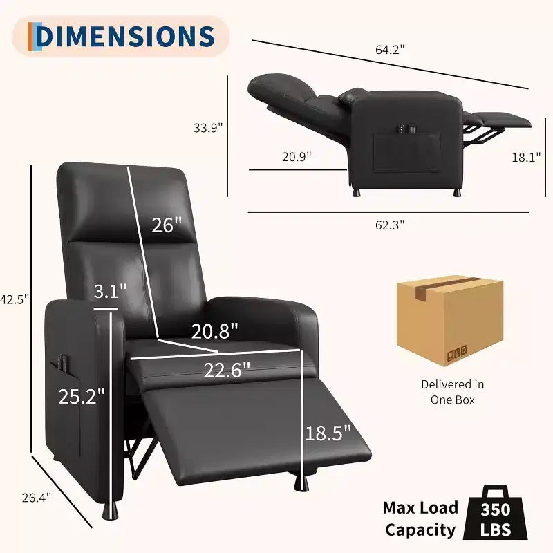 Fauteuil inclinable électrique ergonomique - Fonctions massage et chauffage, inclinable électrique réglable, canapé simple en cuir PU rembourré (Utilisation en salon)