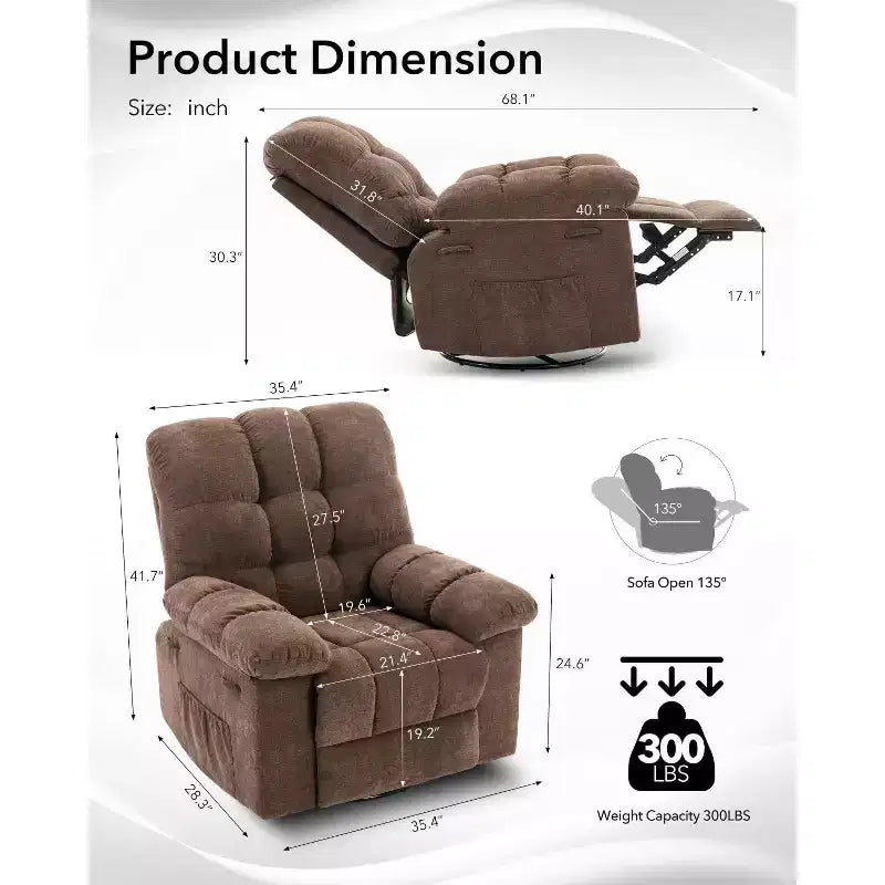 Fauteuil inclinable, pivotant et basculant COZONY pour adulte, avec rembourrage épais en chenille, inclinaison manuelle, repose-pieds, pivotant à 360°, pour salon/chambre d'enfant
