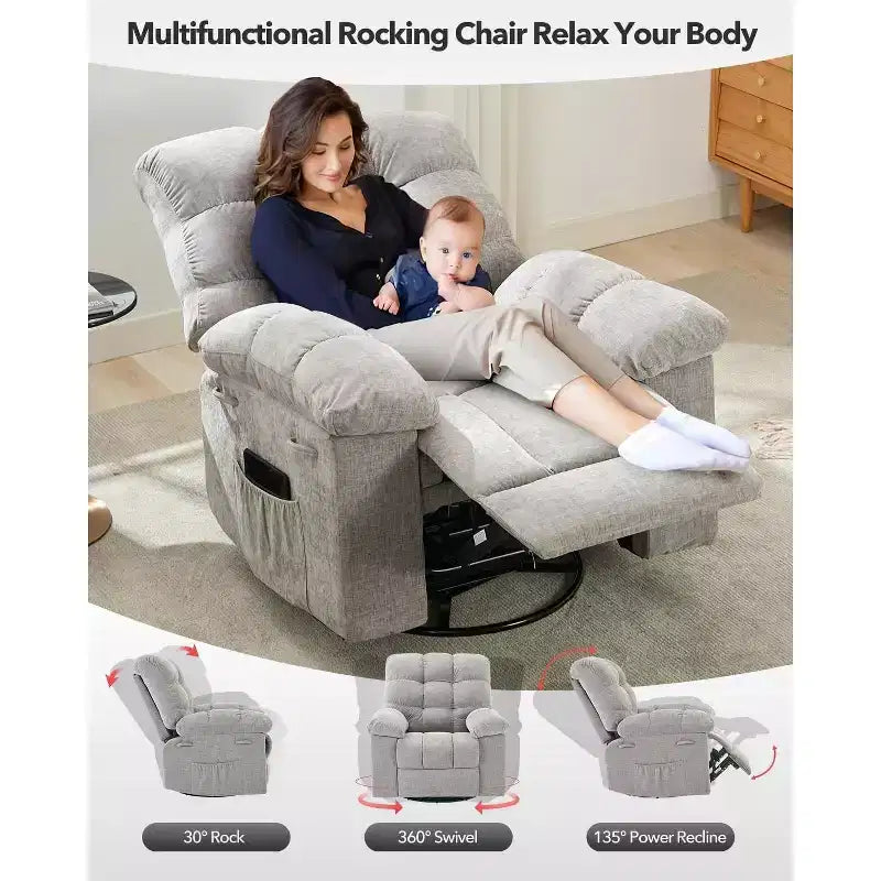 Fauteuil inclinable, pivotant et basculant COZONY pour adulte, avec rembourrage épais en chenille, inclinaison manuelle, repose-pieds, pivotant à 360°, pour salon/chambre d'enfant