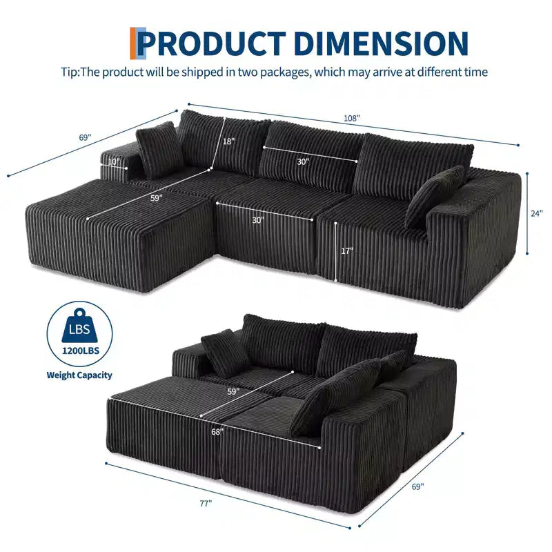 Canapé en velours côtelé, canapé modulaire sectionnel avec assise profonde, canapé confortable en mousse à mémoire de forme pour salon et chambre à coucher