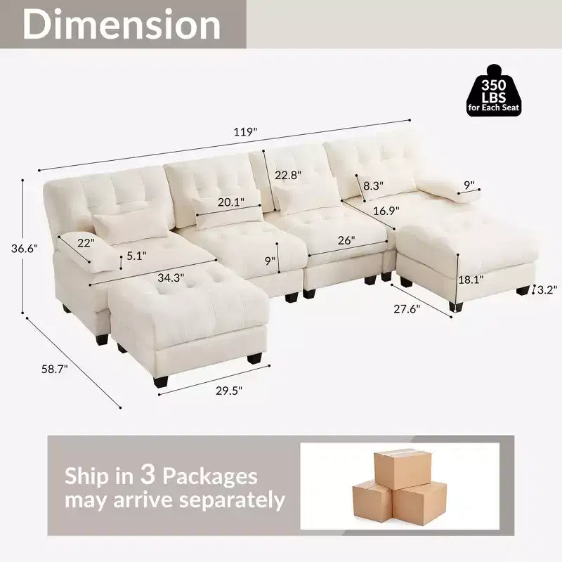 Canapé 4 places en chenille Whisen 119, canapé sectionnel et causeuse avec 2 poufs, dossier réglable, 4 coussins décoratifs