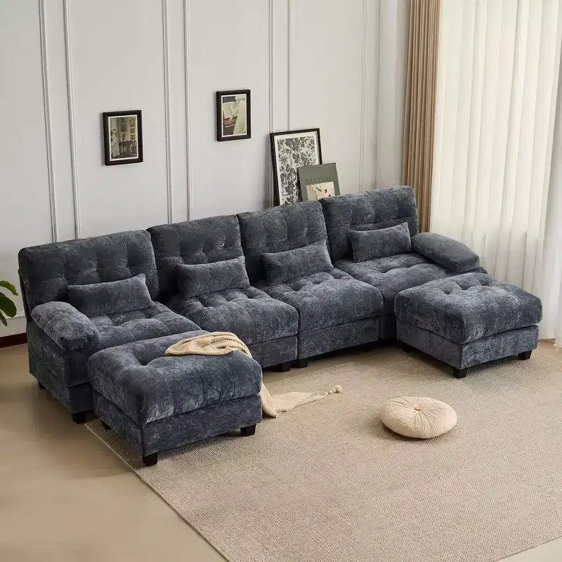 Canapé 4 places en chenille Whisen 119, canapé sectionnel et causeuse avec 2 poufs, dossier réglable, 4 coussins décoratifs