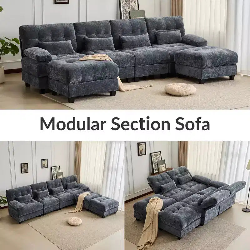 Canapé 4 places en chenille Whisen 119, canapé sectionnel et causeuse avec 2 poufs, dossier réglable, 4 coussins décoratifs