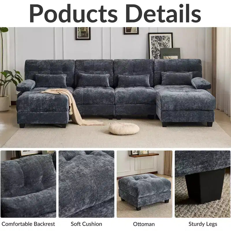 Canapé 4 places en chenille Whisen 119, canapé sectionnel et causeuse avec 2 poufs, dossier réglable, 4 coussins décoratifs