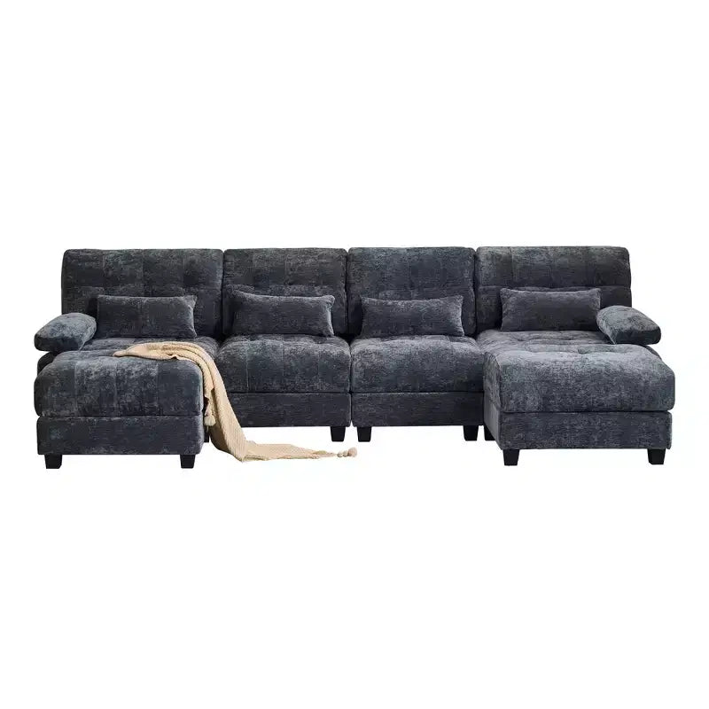 Canapé 4 places en chenille Whisen 119, canapé sectionnel et causeuse avec 2 poufs, dossier réglable, 4 coussins décoratifs