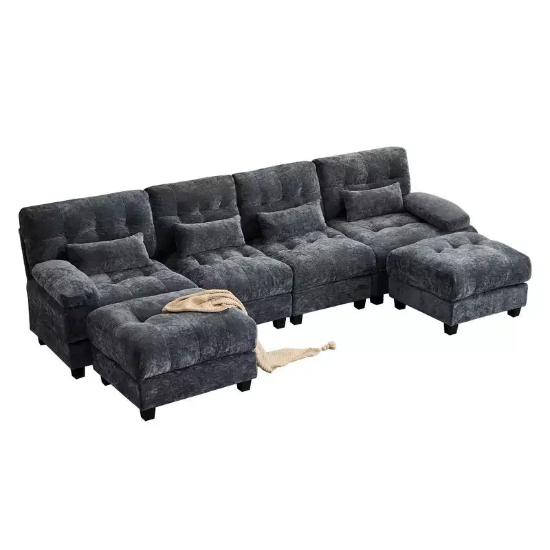 Canapé 4 places en chenille Whisen 119, canapé sectionnel et causeuse avec 2 poufs, dossier réglable, 4 coussins décoratifs