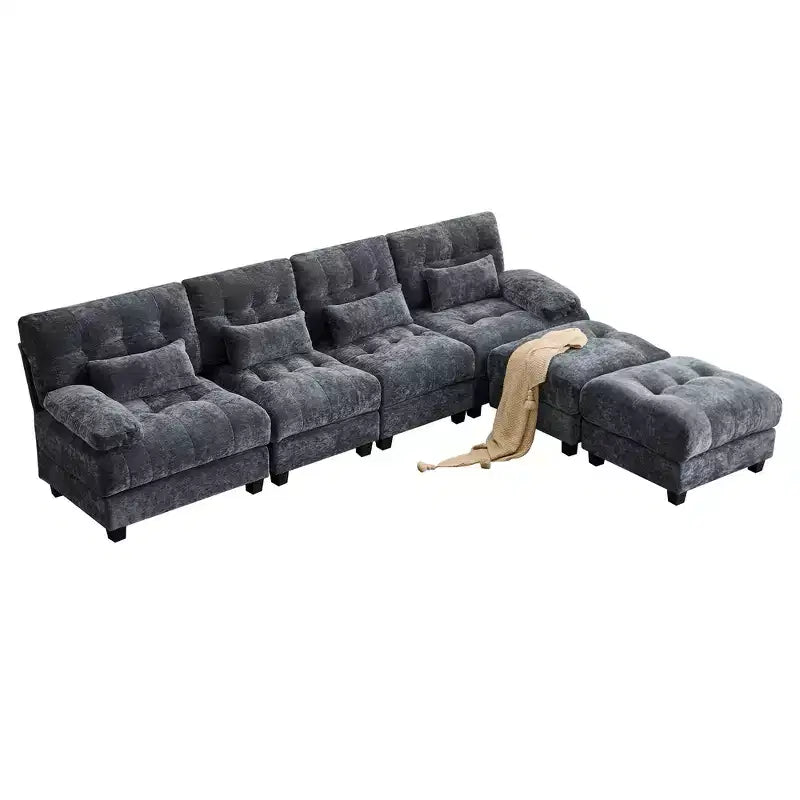 Canapé 4 places en chenille Whisen 119, canapé sectionnel et causeuse avec 2 poufs, dossier réglable, 4 coussins décoratifs