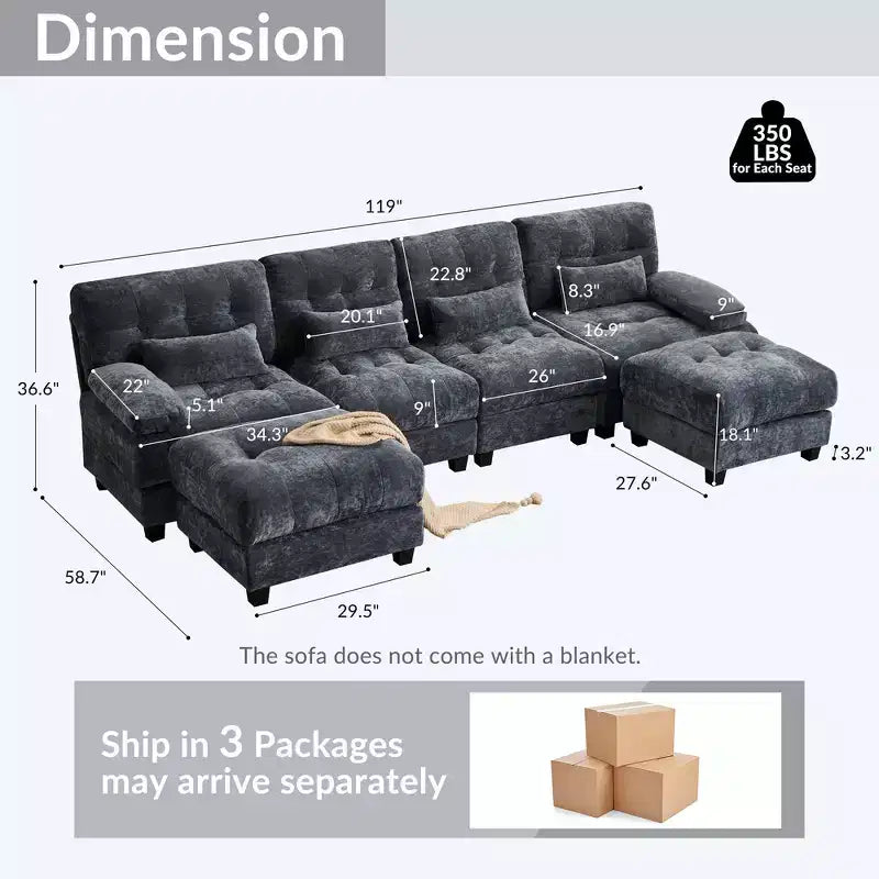 Canapé 4 places en chenille Whisen 119, canapé sectionnel et causeuse avec 2 poufs, dossier réglable, 4 coussins décoratifs