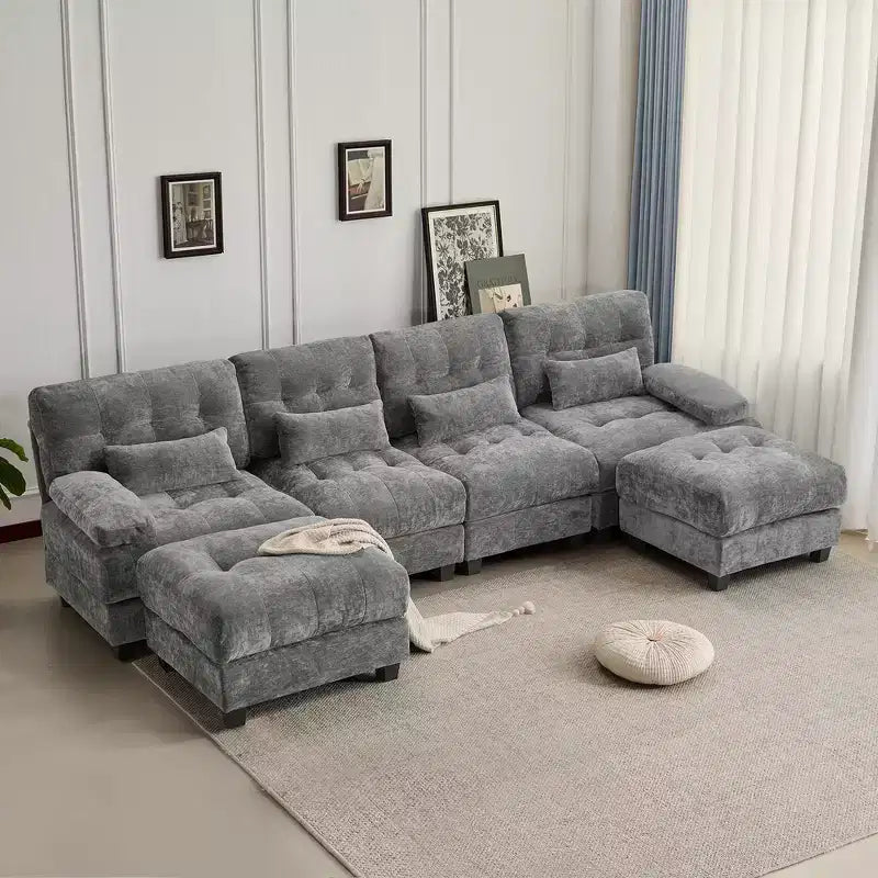 Canapé 4 places en chenille Whisen 119, canapé sectionnel et causeuse avec 2 poufs, dossier réglable, 4 coussins décoratifs