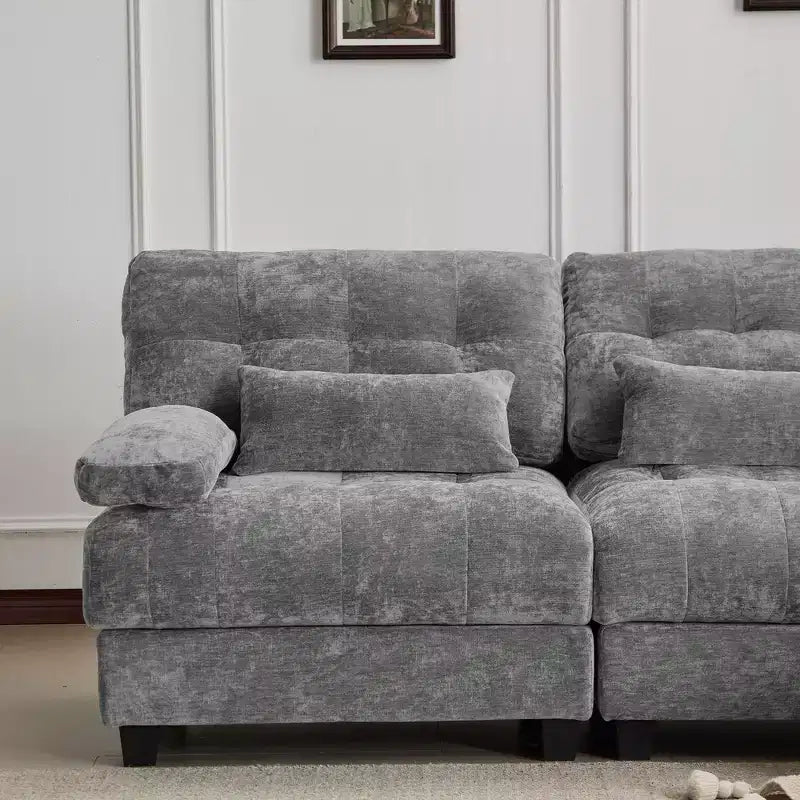 Canapé 4 places en chenille Whisen 119, canapé sectionnel et causeuse avec 2 poufs, dossier réglable, 4 coussins décoratifs