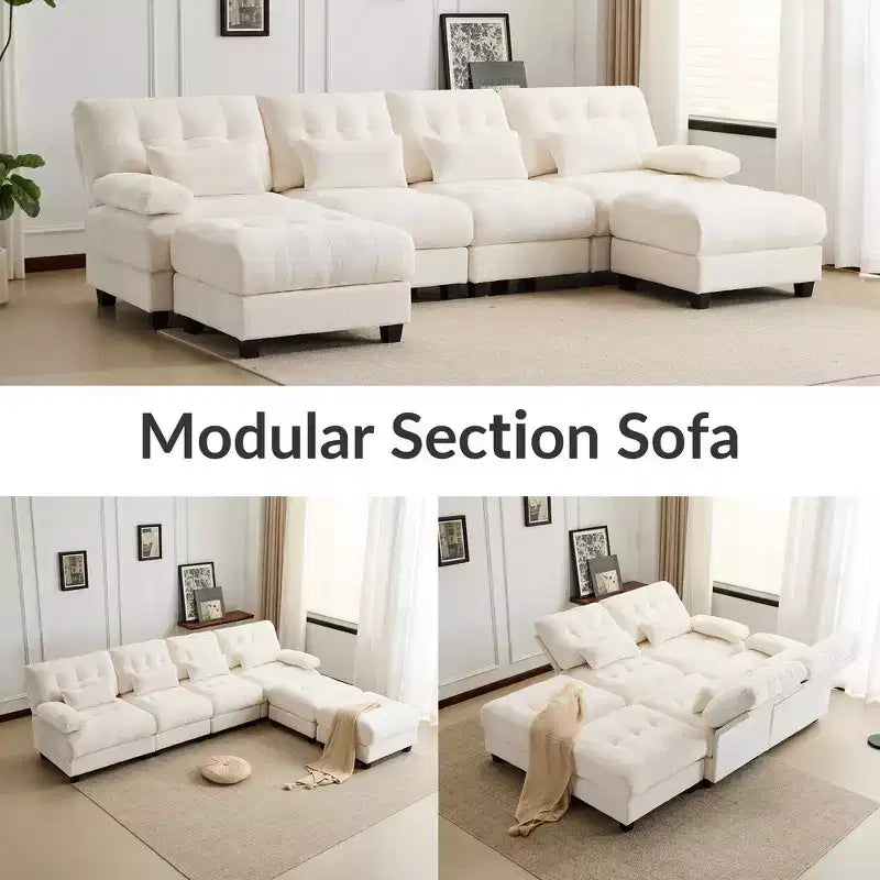 Canapé 4 places en chenille Whisen 119, canapé sectionnel et causeuse avec 2 poufs, dossier réglable, 4 coussins décoratifs