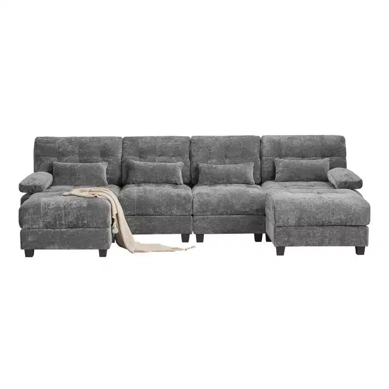 Canapé 4 places en chenille Whisen 119, canapé sectionnel et causeuse avec 2 poufs, dossier réglable, 4 coussins décoratifs