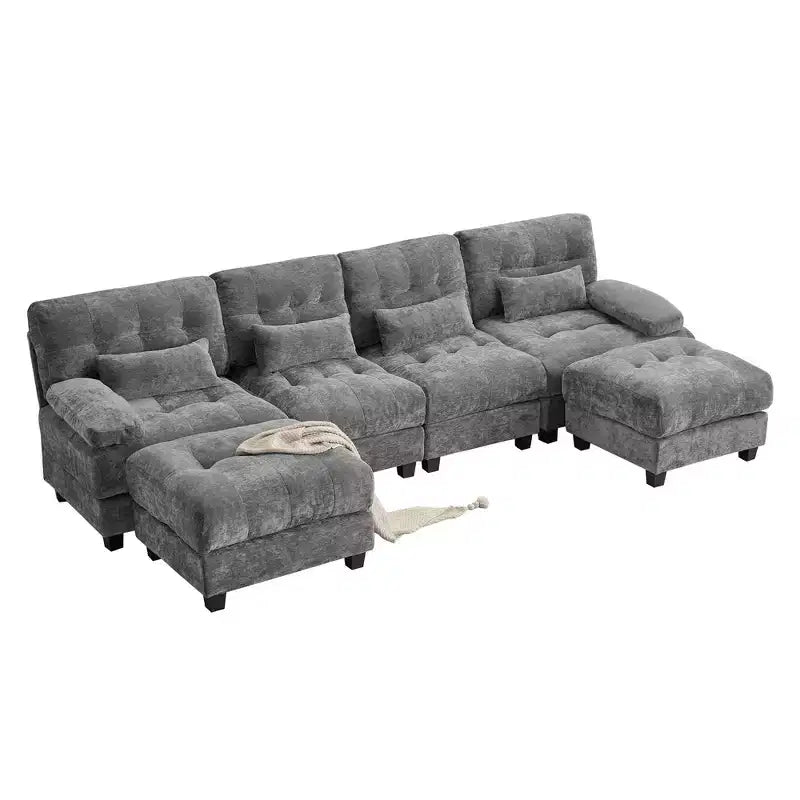 Canapé 4 places en chenille Whisen 119, canapé sectionnel et causeuse avec 2 poufs, dossier réglable, 4 coussins décoratifs