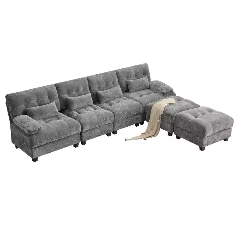 Canapé 4 places en chenille Whisen 119, canapé sectionnel et causeuse avec 2 poufs, dossier réglable, 4 coussins décoratifs